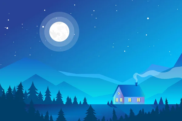 Vector illustration of house in mountains, forest landscape in the night with neon light. Geometric flat illustration with neon gradient. Mountains night landscape. — Stock Vector