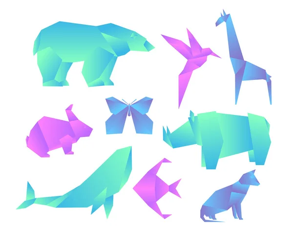 Vector illustratie set van geometrische papier dieren met kleur verloop, 3D dieren, origami stijl. Origami gradiënt dieren collectie geïsoleerd op witte achtergrond. — Stockvector