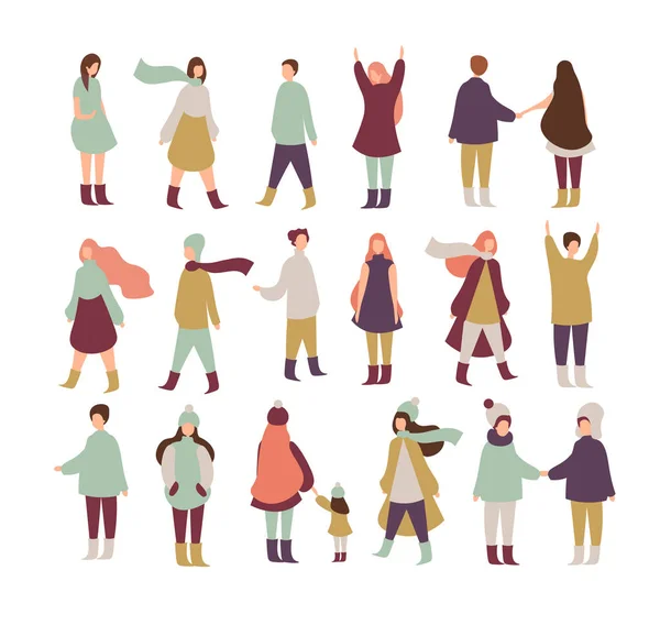 Vektor Illustration Set von Menschen, die gehen, stehen. Sammlung von männlichen und weiblichen Charakteren isoliert auf weißem Hintergrund in flachem Cartoon-Stil. — Stockvektor