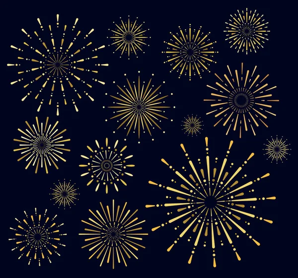 Az arany tűzijáték aranyszínű, sötét háttér előtt a vektoros illusztráció. Salute gyűjtemény az éjszakai égbolt háttérben. — Stock Vector