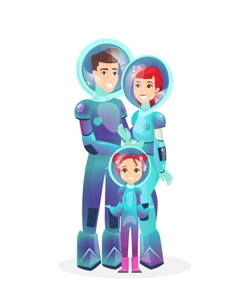 Ilustración vectorial de la familia de astronautas. Los astronautas felices en traje espacial - mujer, hombre e hija. Concepto de colonización espacial, Cosmonautas en ropa futurista en estilo de dibujos animados sobre fondo blanco . — Archivo Imágenes Vectoriales