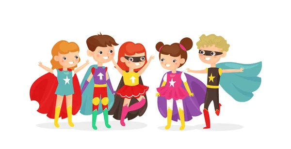 Illustration vectorielle d'enfants portant des costumes de super-héros colorés. Les enfants de super-héros s'amusent ensemble, les enfants amis sur la fête costumée isolé sur fond blanc, dessin animé style plat . — Image vectorielle