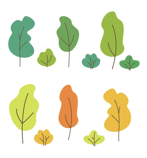 Ensemble d'illustrations vectorielles d'arbres verts, jaunes et orange. Collection d'arbres et buissons isolés sur fond blanc dans un style plat . — Image vectorielle