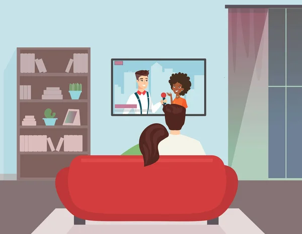 Illustrazione vettoriale di uomo e donna che guardano la TV. Coppia giovane guardando un Notizie, in atmosfera di casa, stile cartone animato piatto . — Vettoriale Stock