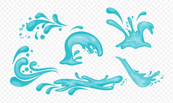 Vektor Illustration Set von blauen Wasserspritzern und Wellen in flachem Stil isoliert auf transparentem Hintergrund. — Stockvektor