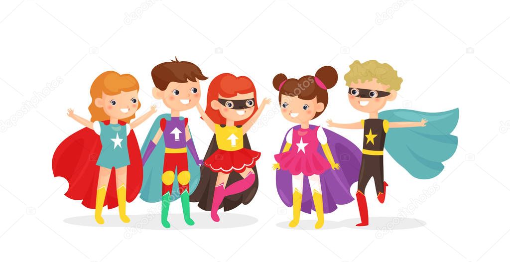 Vector illustration of kids wearing colorful superhero costumes. Superhero kids have fun together, children friends on costume party isolated on white background, cartoon flat style.