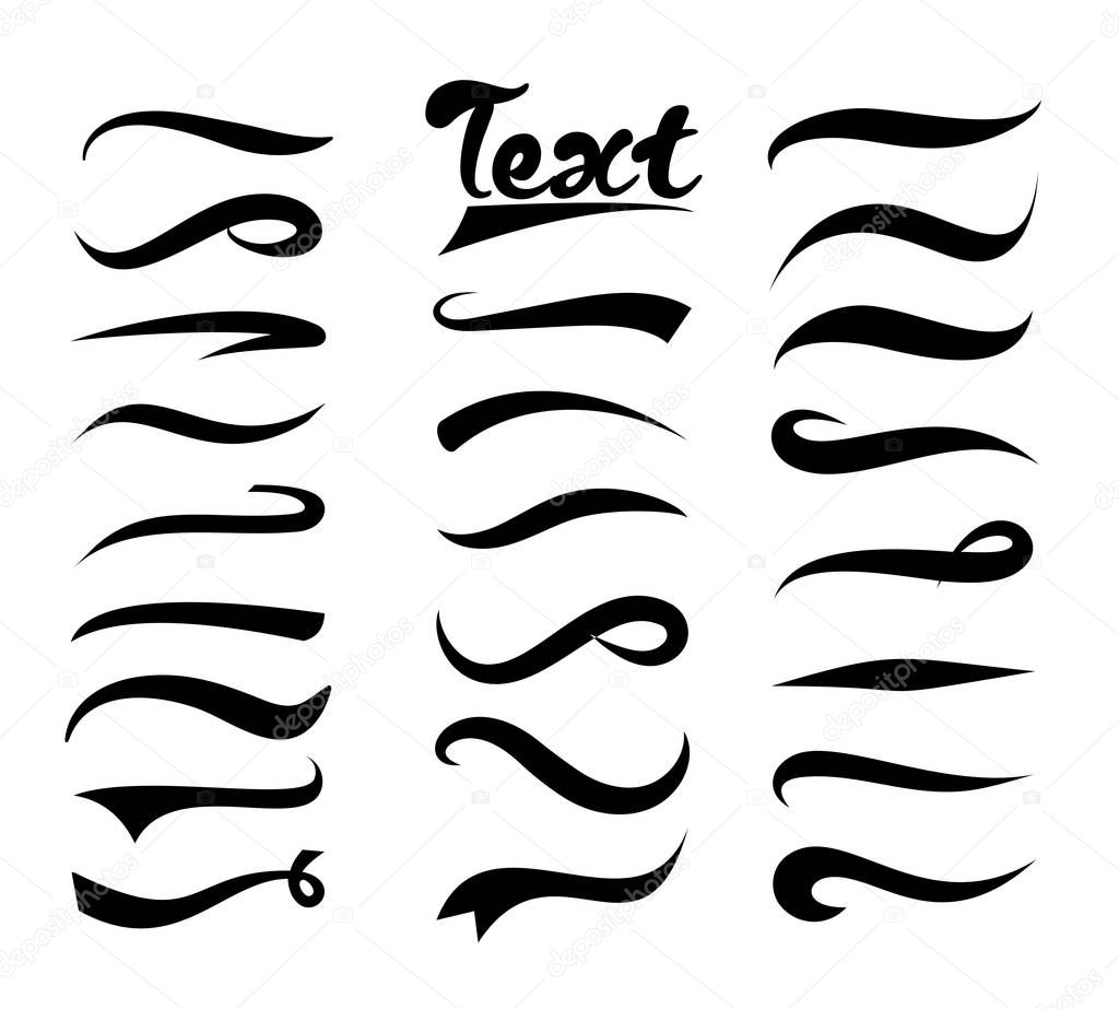 Vector illustration set of text elements, Texting tails collection. Swirling swash and swoosh. Elements for text and logos isolated on white background