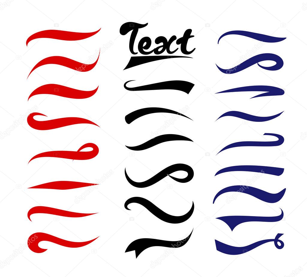 Vector illustration set of text elements. Typography tails collection. Swirling swash and swoosh. Red, blue and black elements for text and logos isolated on white background
