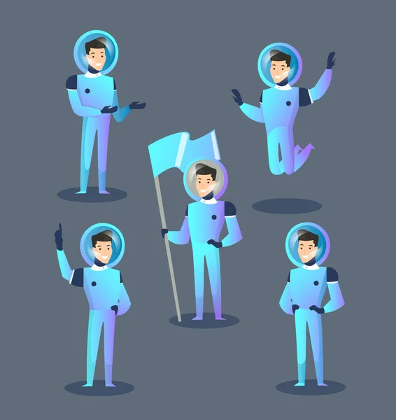 Conjunto de astronautas felizes isolados em trajes espaciais e capacetes pulando, de pé, segurando bandeira, mostrando espaço e gesto. Desenhos animados estilo ilustração vetorial . — Vetor de Stock