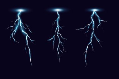 Koyu mavi arka plan üzerinde gerçekçi bir tarzda ayarlanmış yıldırım Vektör illüstrasyon. Thunderbolts toplama, güç elektrik enerjisi kavramları için elemanları.