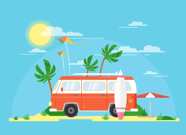 Vector illustration of surfing bus with a surfing board on palm beach. Tourism, summertime concept. Travel trailer in vintage pink color, summer coast in flat cartoon style. — Stock Vector
