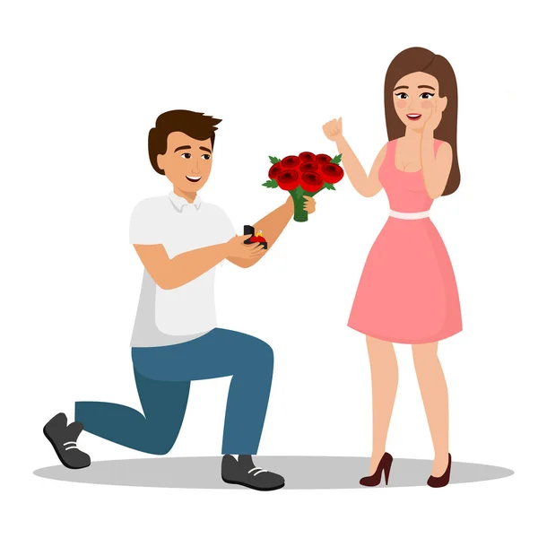 Vector illustration of man proposes a woman to marry him and gives an engagement ring and flowers. An offer of marriage concept with cartoon characters in flat style. — Stock Vector