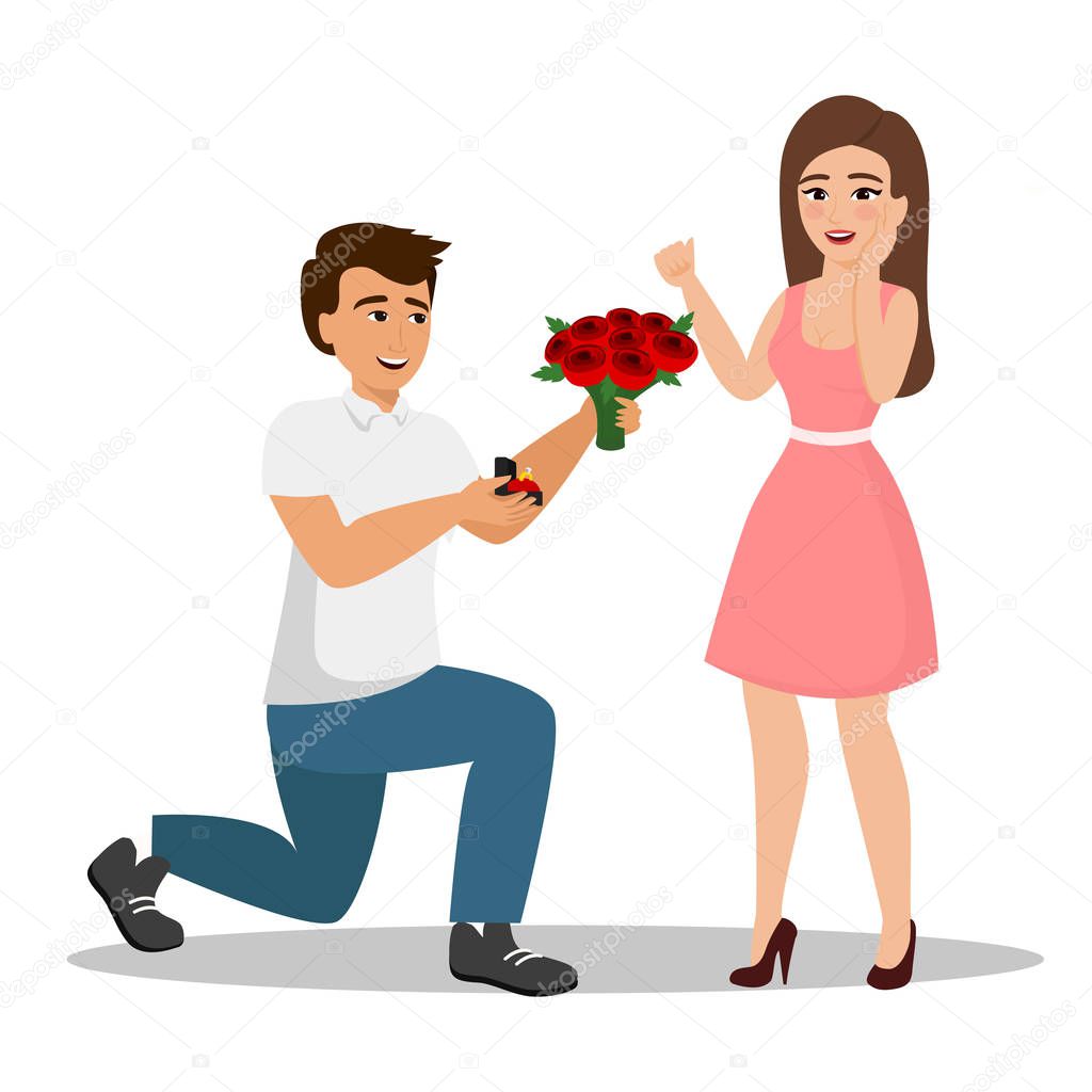 Vector illustration of man proposes a woman to marry him and gives an engagement ring and flowers. An offer of marriage concept with cartoon characters in flat style.