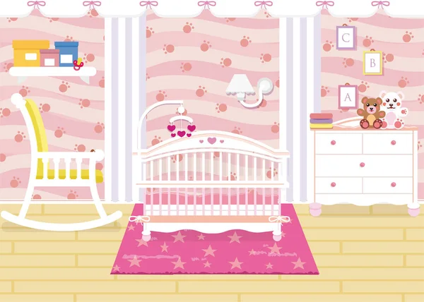 Vector illustration of baby room interior with a shelf, toys, cot, bedside table, armchair. Children s room in pink color for baby girl. — Stock Vector