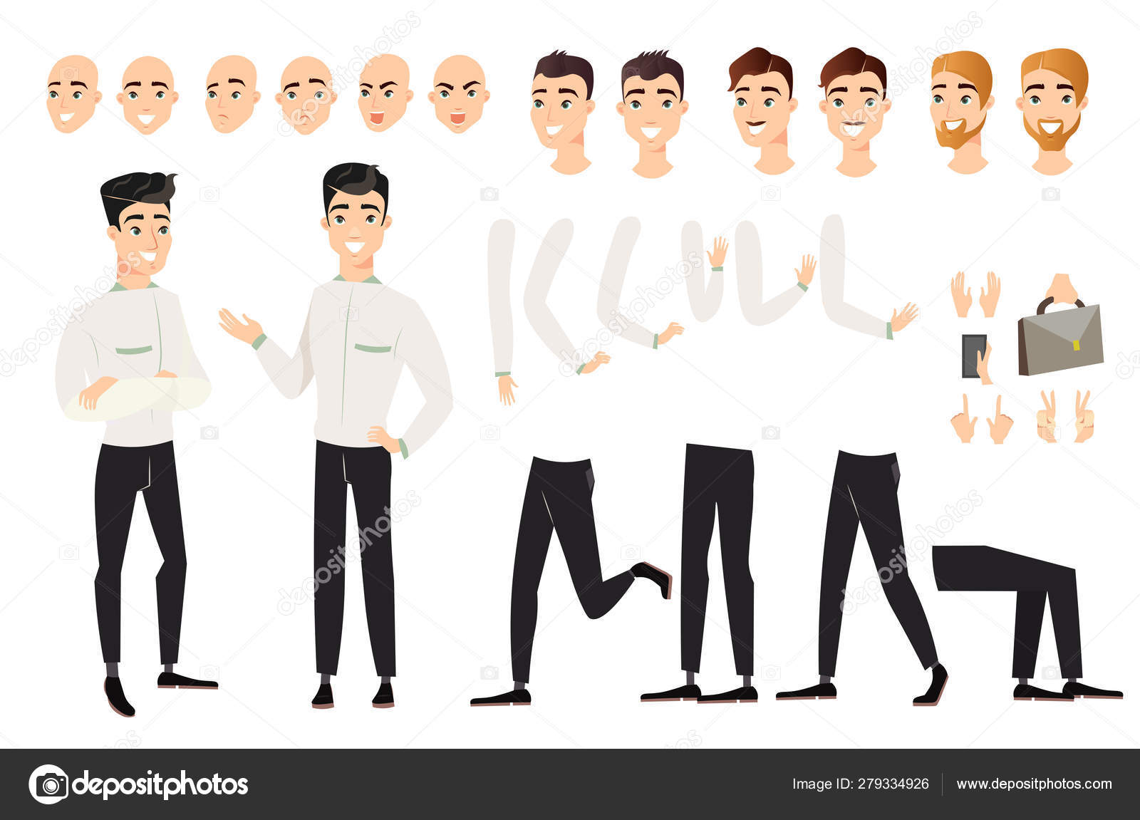 Vector illustration of handsome man set with various positions of body parts. Cartoon male character with black hair in various views, poses, face emotions, haircuts and hair colors isolated on white Stock Vector illustration of handsome man set with various positions of body parts. Cartoon male character with black hair in various views, poses, face emotions, haircuts and hair colors isolated on white Stock