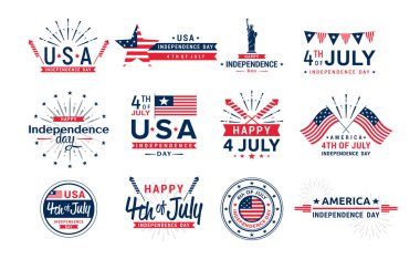 Vector illustration set of 4th of July icons, United Stated independence day greeting. Elements for greeting cards, icons collection. Fourth of July typographic design logos for banner, isolated on clipart