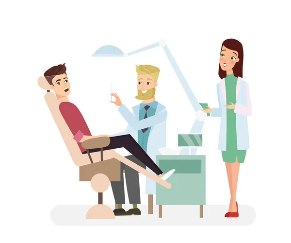 Ilustración vectorial del odontólogo en el consultorio sosteniendo instrumentos y examinando al paciente. Paciente acostado en silla dental en el consultorio del doctor. Concepto de examen de dientes en estilo plano de dibujos animados . — Vector de stock