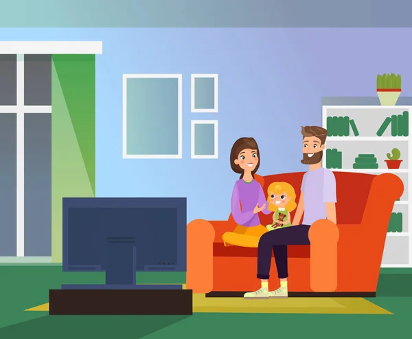 Ilustración vectorial de la familia juntos viendo la televisión, noche familiar. Padres felices y su hija sentados en el sofá en la sala de estar ver la televisión, ilustración de dibujos animados de estilo plano . — Archivo Imágenes Vectoriales