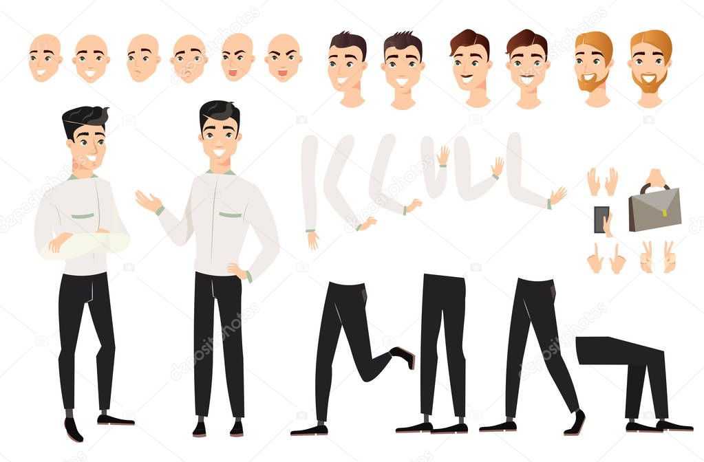 Vector illustration of handsome man set with various positions of body parts. Cartoon male character with black hair in various views, poses, face emotions, haircuts and hair colors isolated on white