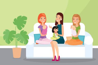 Çocukları ile annelerin grup vektör illüstrasyon. Genç kadın arkadaşlar kanepede oturup konuşuyorlar, anneler ve çocuklar, mutlu çocuklar, bebekler. Düz çizgi film tarzı.