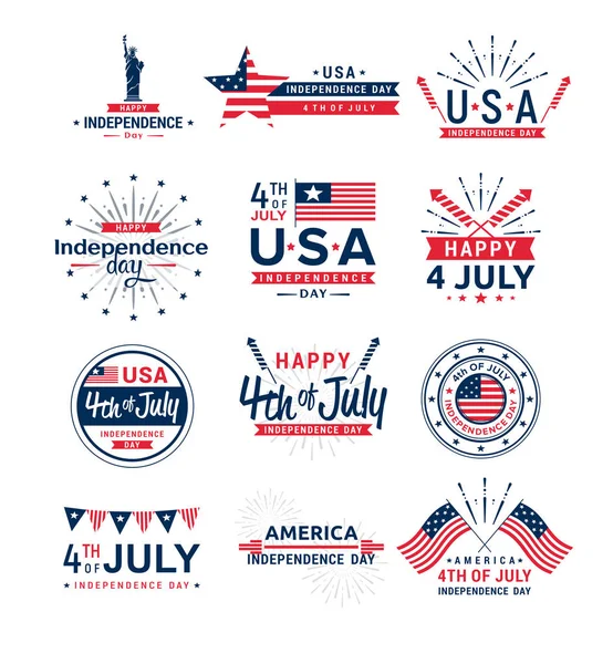 Vector illustration set of 4th of July greeting logos, United Stated independence day greeting. Fourth of July typographic elements collection for design, greeting card, banner, isolated on white — Stock Vector