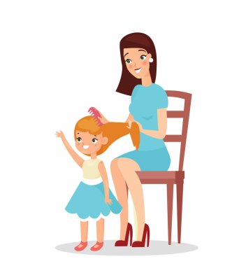 Kızı beyaz arka plan üzerinde izole ile anne Vektör illüstrasyon. Anne kızını tutarak ve onunla oynar, saçlarını fırçalama, mutlu anne ve çocuk. Düz çizgi film tarzı.