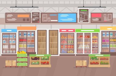 Süpermarket iç Vektör illüstrasyon. Mal, meyve ve sebze çok büyük dükkan süper pazar. Düz karikatür tarzında Alışveriş merkezi iç.