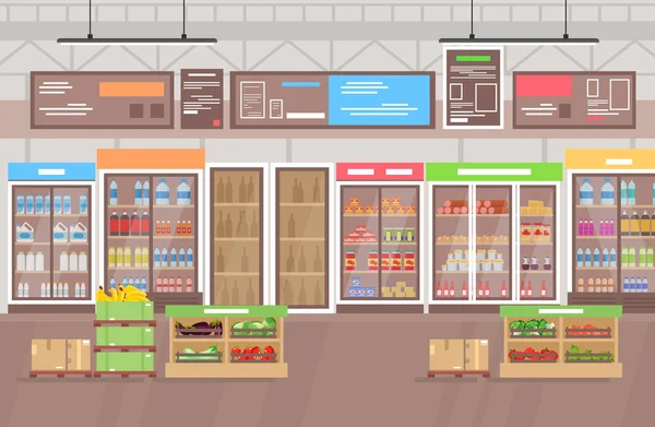 Vektor illusztrációja szupermarket belső. Nagy üzlet szuper piac sok áru, gyümölcsök és zöldségek. Bevásárlóközpont belső lapos rajzfilm stílusban. — Stock Vector