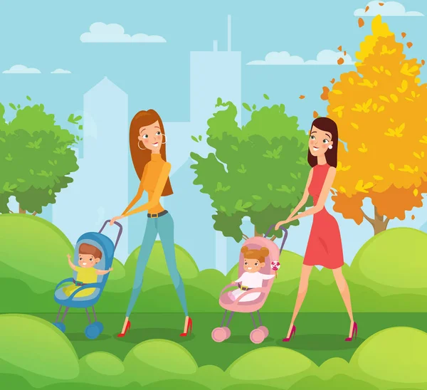 Vector illustratie van twee moeders met kinderen wandelen en praten in het Park. Gelukkige vrienden jonge vrouwen wandelen rond het stadspark met baby's. Moeders en kinderen samen buitenshuis in platte cartoon — Stockvector