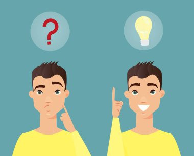 Düşünceli adamın vektör illüstrasyonu. Akıllı genç adam düşünüyor ve bir fikri var. karikatür düz tarzı.