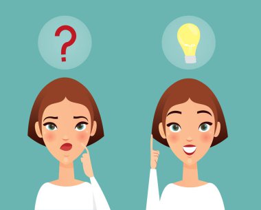 Düşünceli kadının vektör illüstrasyon, bir fikrim var. Düşünen kız soru sorar ve soru cevap bulur. Kadın karikatür düz tarzı bir fikir kavramı var.