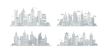 Şehir binaları lineer simgeler seti, iş merkezi