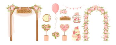 Wedding party flower decoration items set in flat cartoon style clipart