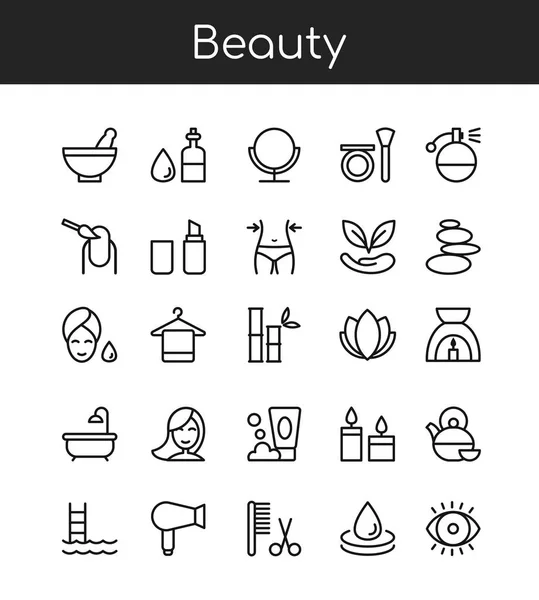 Iconos lineales de vectores de la industria de la belleza establecidos para manicura, bañera de hidromasaje, cosméticos, maquillaje — Vector de stock