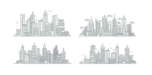 Линейные иконки городских зданий, бизнес-центр — стоковый вектор