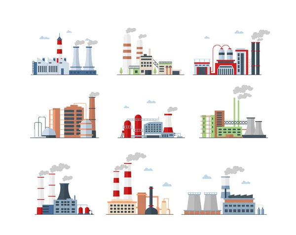 Industrikomplex, fabriksbyggnader färg ikoner set — Stock vektor