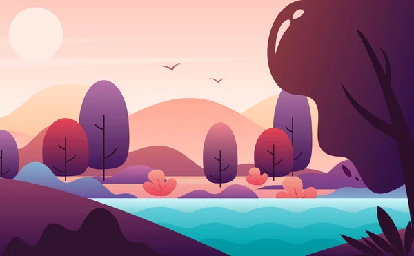 Pintoresco paisaje plano estilo vector ilustración, paisaje de otoño telón de fondo . — Archivo Imágenes Vectoriales