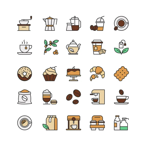 Kaffe och te drinkar linjära ikoner set. Takeaway Cup, teblad, espressomaskin och rostade kaffebönor tunna linjekontur symboler. Konditorivaror isolerade vektor kontur illustrationer. — Stock vektor