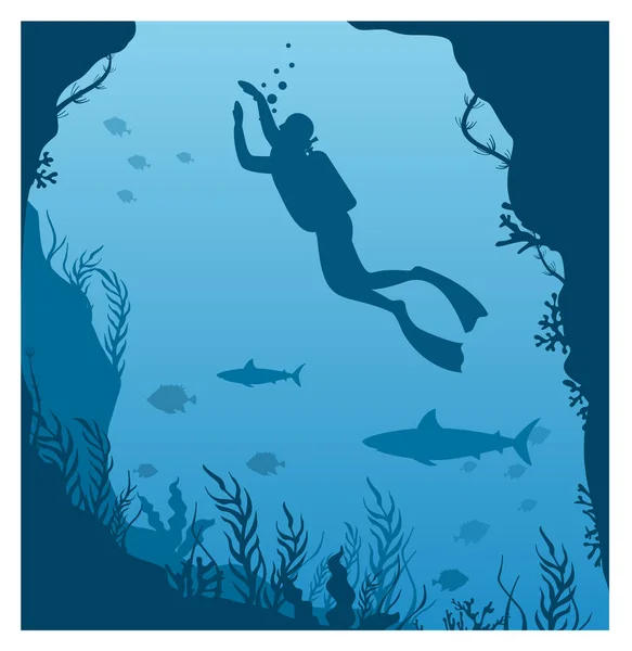 Vector illustratie van duik diep in water. Silhouet van Scuba Diver, man in Aqualung met lantaarn en koraalrif, grote vissen op een blauwe zee achtergrond in platte stijl. — Stockvector