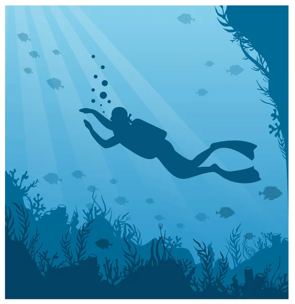 Duiken, Snorkelen platte vector illustratie. Duiker in badpak met flippers silhouet. Onderwater activiteit, mariene avontuur. Actieve zomer recreatie, aquatisch toerisme, exotische vrijetijdsbesteding. — Stockvector