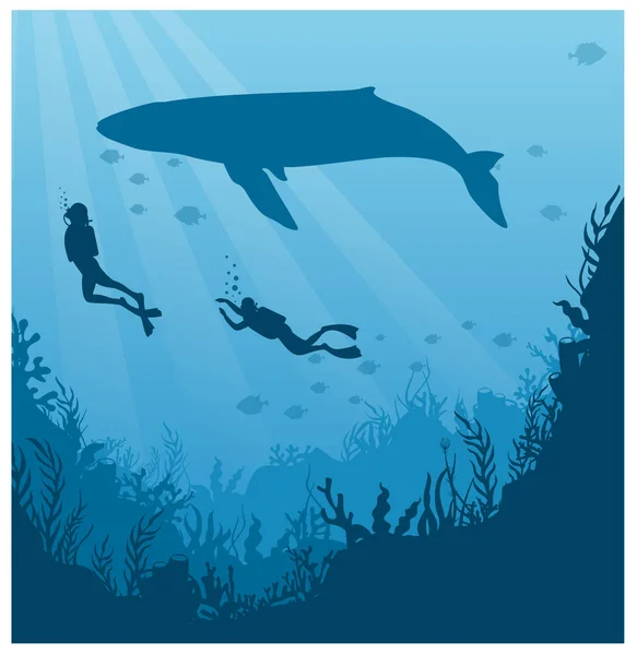 Mergulho, snorkeling ilustração vetorial plana. Mergulhador em maiô com silhueta de barbatanas. Atividade subaquática, aventura marinha. Recreação ativa de verão, turismo aquático, lazer exótico . — Vetor de Stock