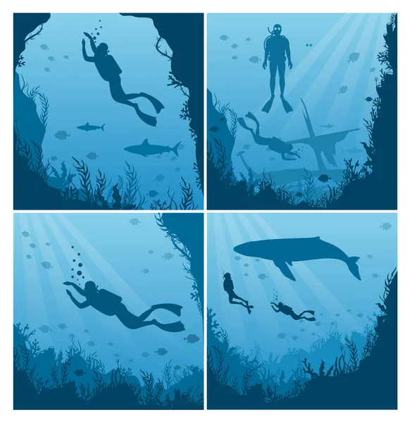 Set van scuba duikers, Snorkelen platte vector illustratie. Collectie onderwater landschappen, duiker in badpak met flippers silhouet. Actieve zomer recreatie, aquatisch toerisme, exotische vrijetijdsbesteding. — Stockvector