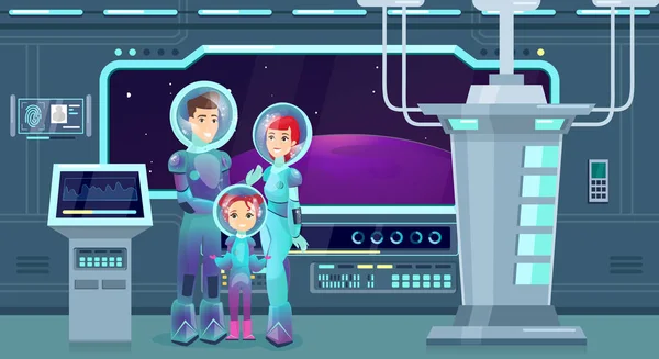 Astronauts family flat vector illustration. Cheerful mother, father and daughter in spacesuits cartoon characters. Happy couple with kid on cosmic adventure. Space explorers, futuristic tourism. — Stock Vector