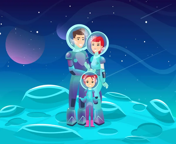 Skupina astronautů plochá vektorová ilustrace. Veselá matka, otec a dcera kreslené postavy. Šťastný pár s dítětem na kosmickém dobrodružství. Vesmírní průzkumníci, futuristický turismus. — Stockový vektor