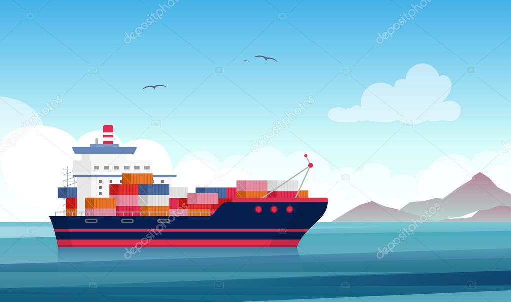 Cargo ship flat vector illustration. Container vessel, merchant marine. Shipbuilding industry. Products export and import. Logistics and distribution. Delivery service. Water freight transportation