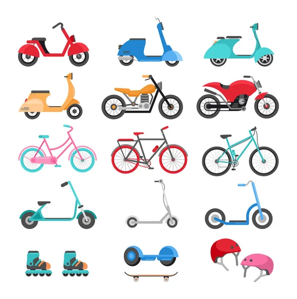 Set illustrazioni trasporti ecologici urbani. Concetto di attività estive. Scooter, biciclette, pattini a rotelle, skateboard, casco cartoon cliparts pack. Veicoli ecologici. Idea riposo attivo . — Foto Stock