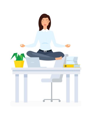 Meditasyon bürosu çalışanının düz çizimi. Yoga çizgi filminde vektör karakter pratiği yapan iş kadını. Personel rahatlaması, stres atma, dinlenme, yararlı spor egzersizleri, sakinleşme fikri..