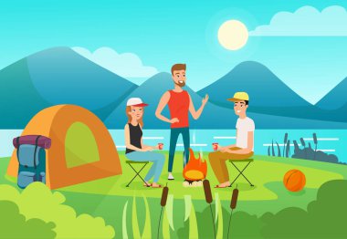 Dinlenen aile üyeleri düz çizim. Aktif eğlence, sağlıklı yaşam tarzı, yaz tatili konsepti. Çizgi film turistleri vektör karakterler. İnsanlar dışarıda piknik yapıyor, kamp yapıyor, yürüyüş yapıyor..