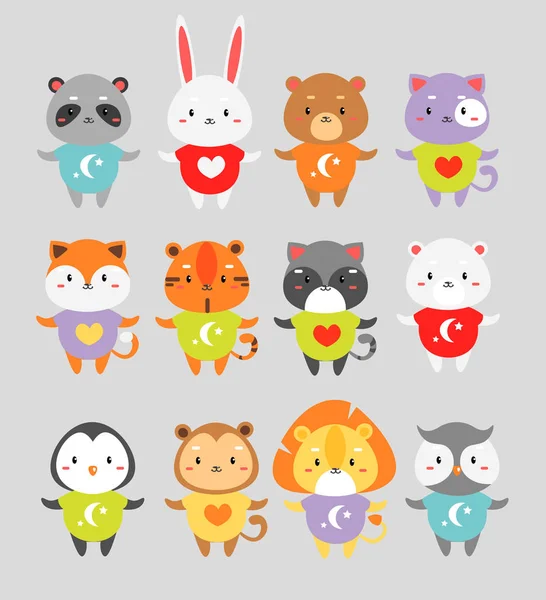 Animais bonitos conjunto de ilustrações vetoriais planas. Coelho pequeno, raposa, tigre em pijama de cores personagens de desenhos animados isolados. Urso, gato, macaco crianças brinquedos cliparts pack. Colecção de mamíferos selvagens . —  Vetores de Stock