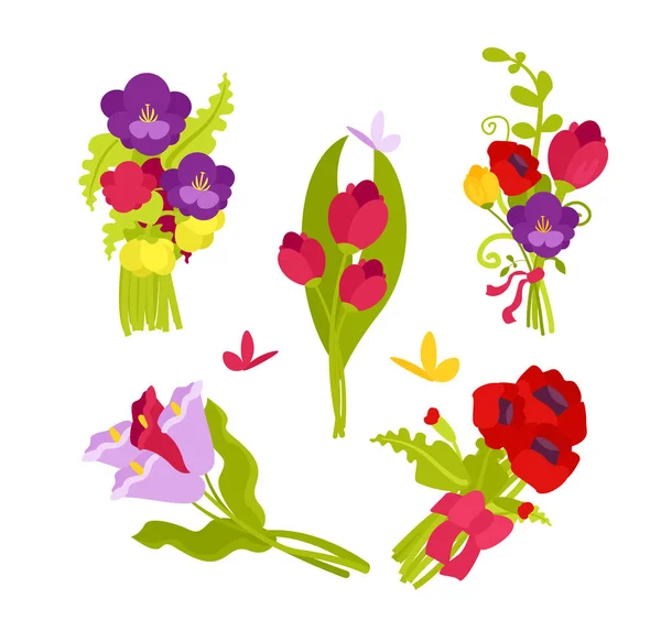 Illustration vectorielle de bouquets de fleurs ensemble. Collection de fleurs colorées isolées sur fond blanc . — Image vectorielle
